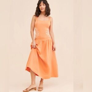 Mon Renn Luna Embroidered Orange Midi Dress Size L
